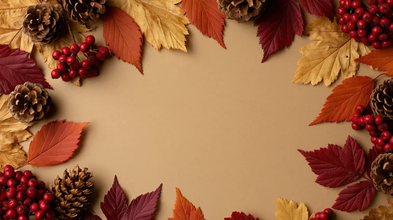 Autumn leaves pinecones and berries arranged in a circular frame on a neutral background with central copyspace