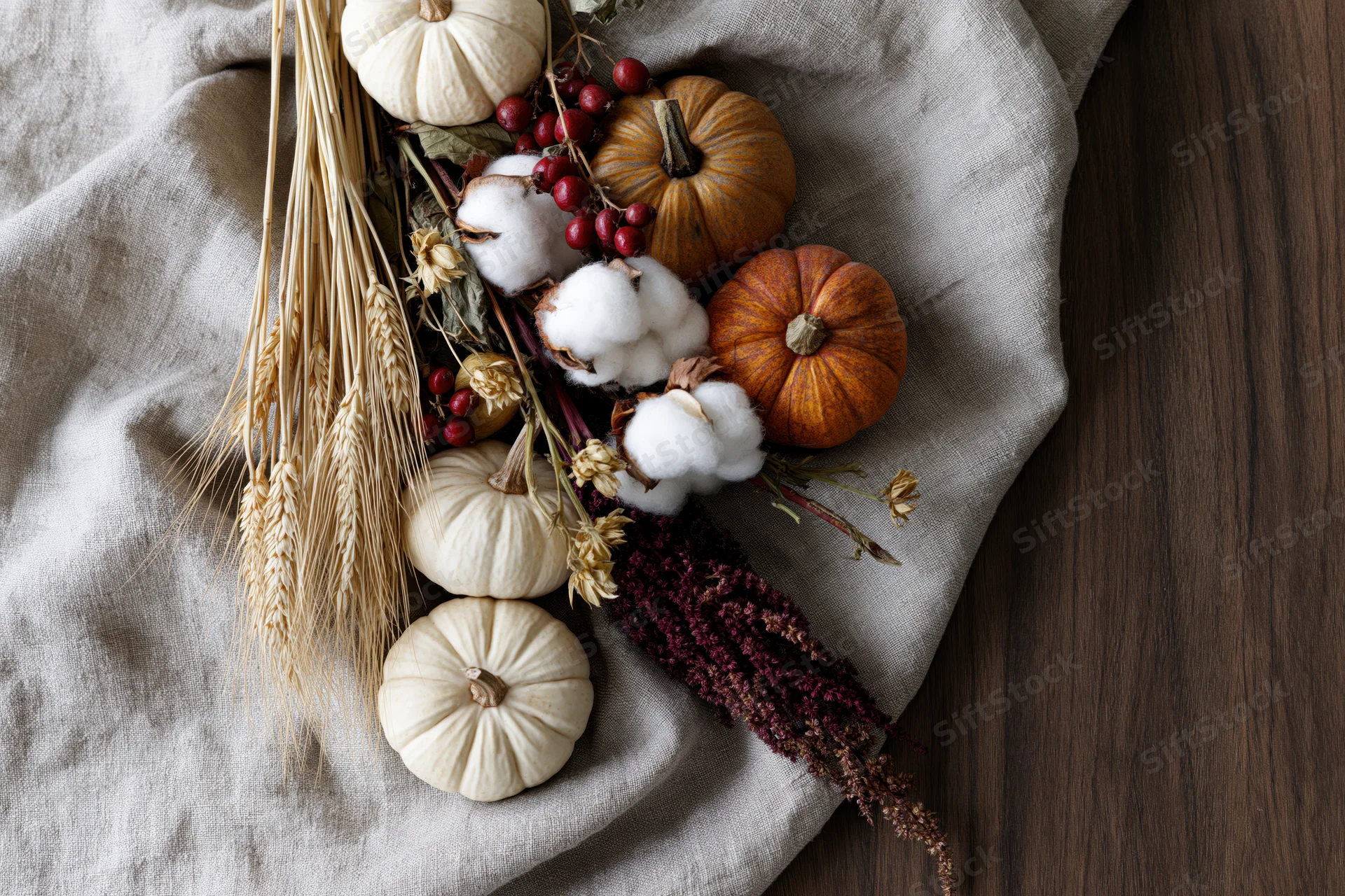 Autumn flat lay arrangement of small pumpkins, wheat, cotton, and berries on linen fabric over wooden surface