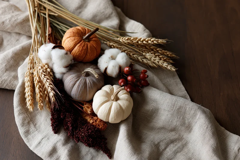 Autumn flat lay arrangement of small decorative pumpkins, wheat, cotton, and berries on linen fabric over wooden table