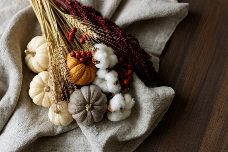 Autumn flat lay with small pumpkins, cotton, wheat, and berries on linen cloth over wooden surface