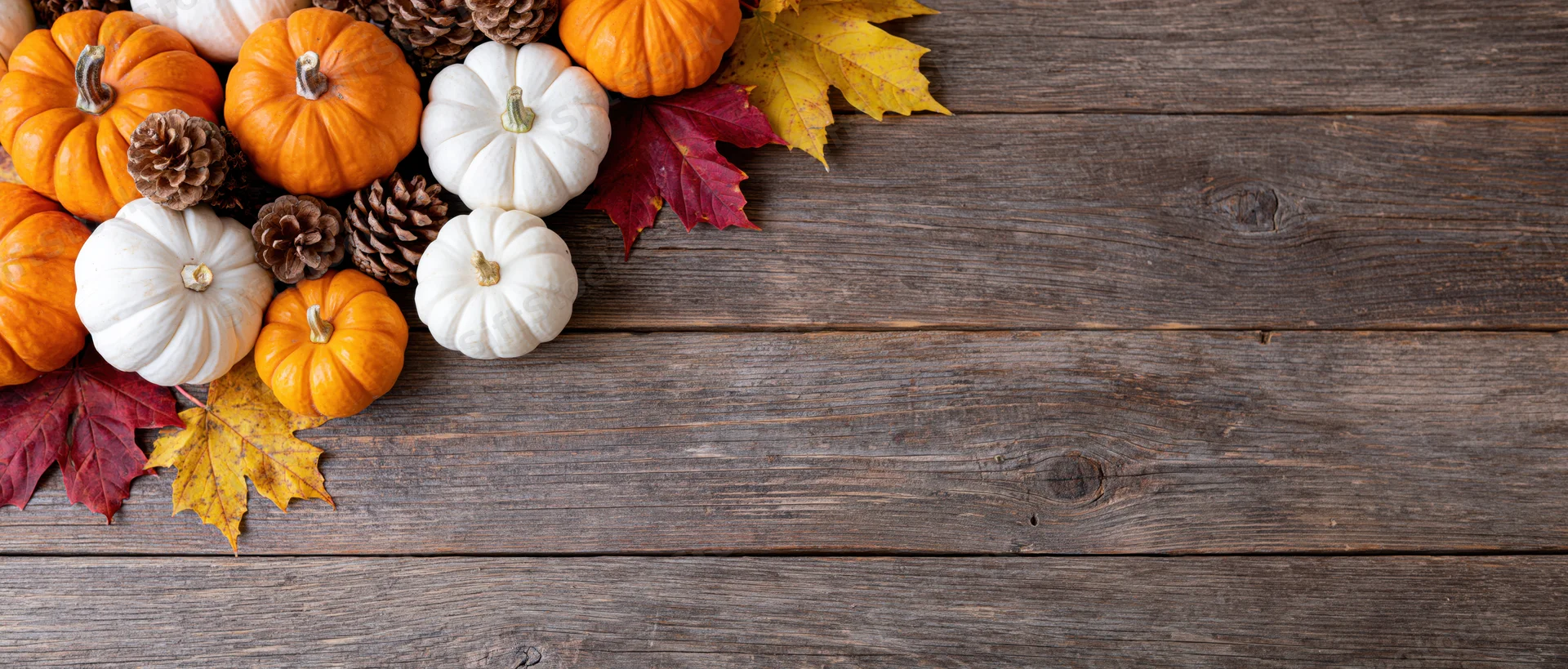 Small orange and white pumpkins with autumn leaves and pinecones arranged on a rustic wooden table