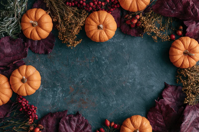 Small orange pumpkins and purple leaves arranged in a circular frame on dark stone surface with copyspace in center