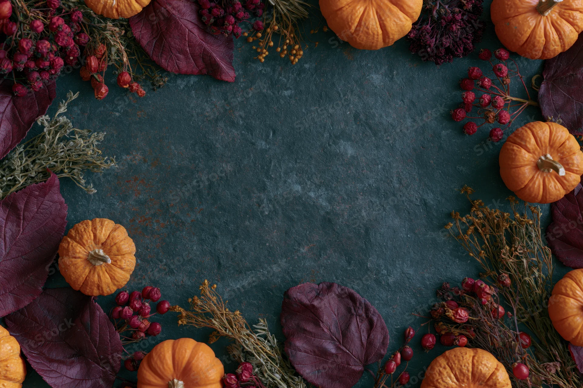 Autumn flat lay arrangement of small orange pumpkins and dried foliage forming a border on dark textured surface with copyspace