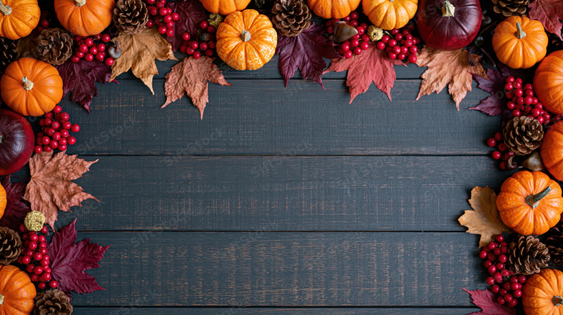 Autumn flat lay arrangement of small pumpkins, maple leaves, berries, and pinecones forming a border on dark wooden table with central copyspace