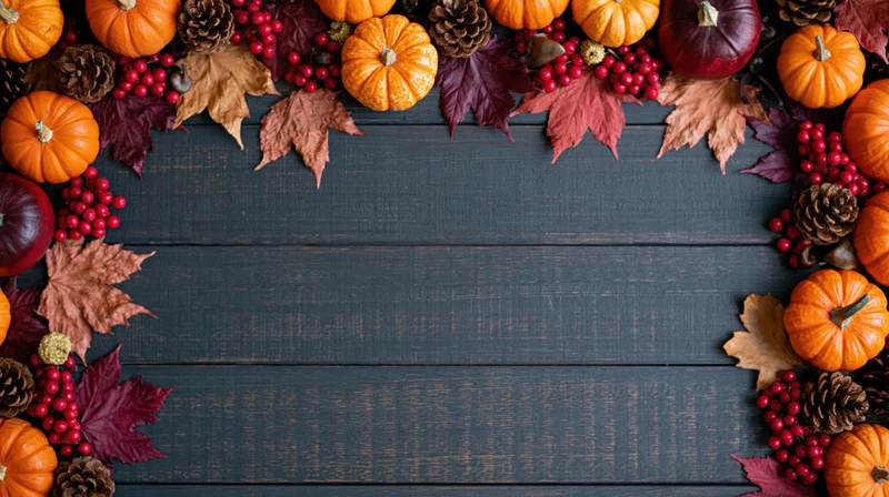 Autumn flat lay arrangement of small pumpkins, maple leaves, berries, and pinecones forming a border on dark wooden table with central copyspace