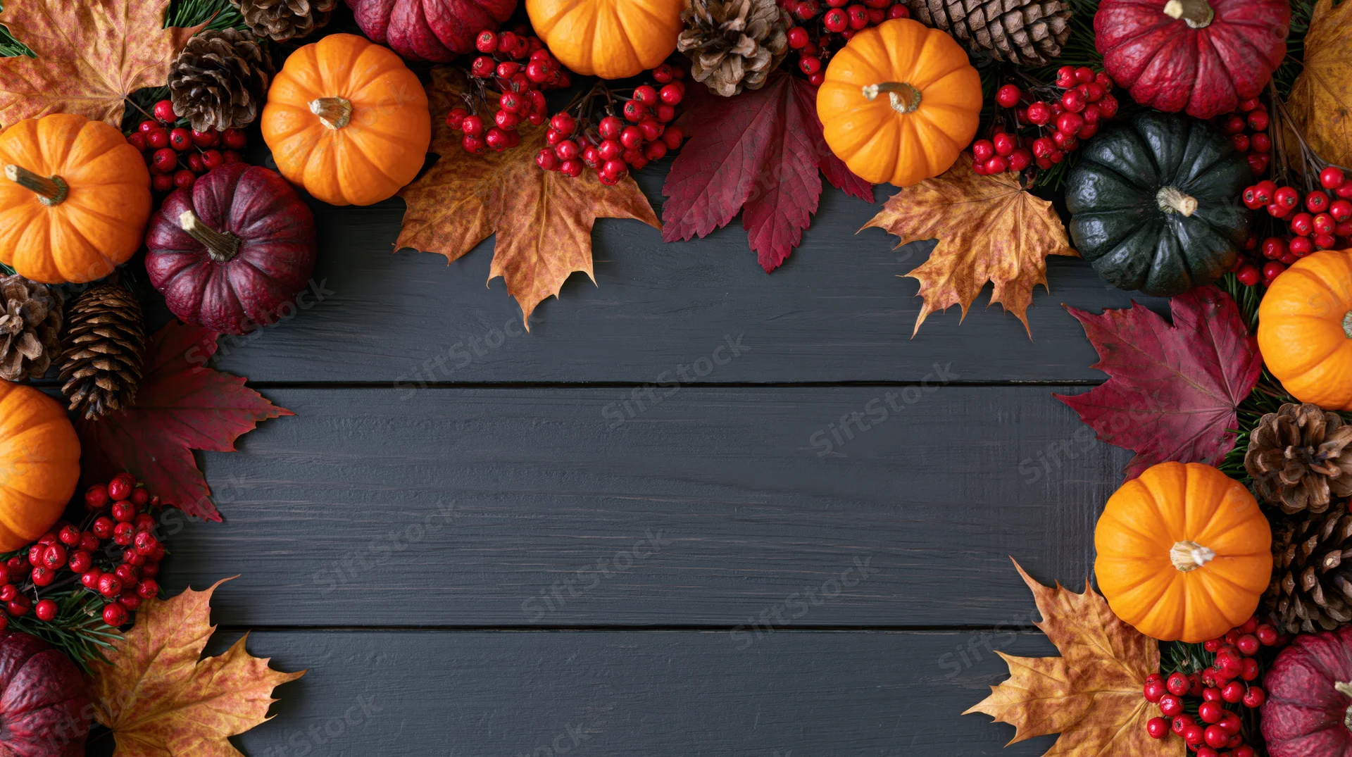 Autumn flat lay arrangement of small pumpkins, maple leaves, berries, and pinecones forming a border on dark wooden surface with central copyspace
