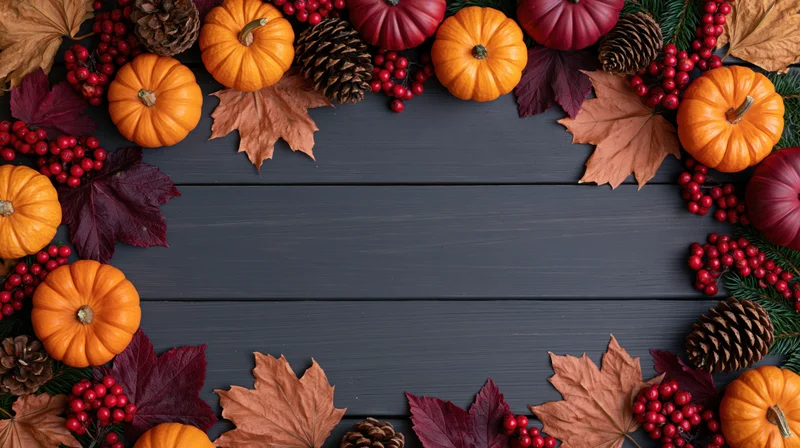 Autumn flat lay arrangement of small pumpkins, maple leaves, pinecones, and berries forming a border on dark wooden surface with central copyspace