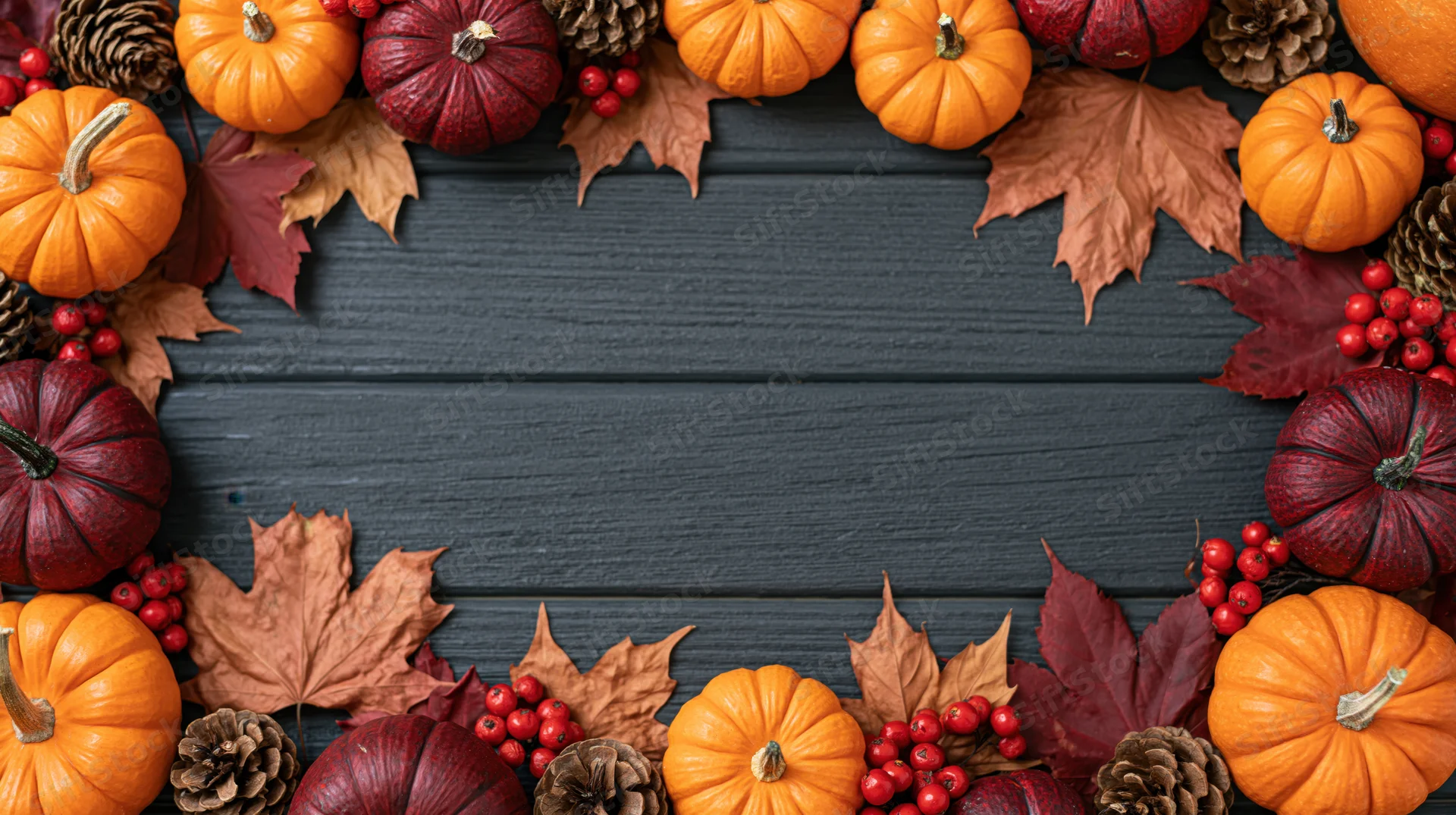 Small pumpkins and maple leaves arranged in a border on dark wood surface with copyspace in center