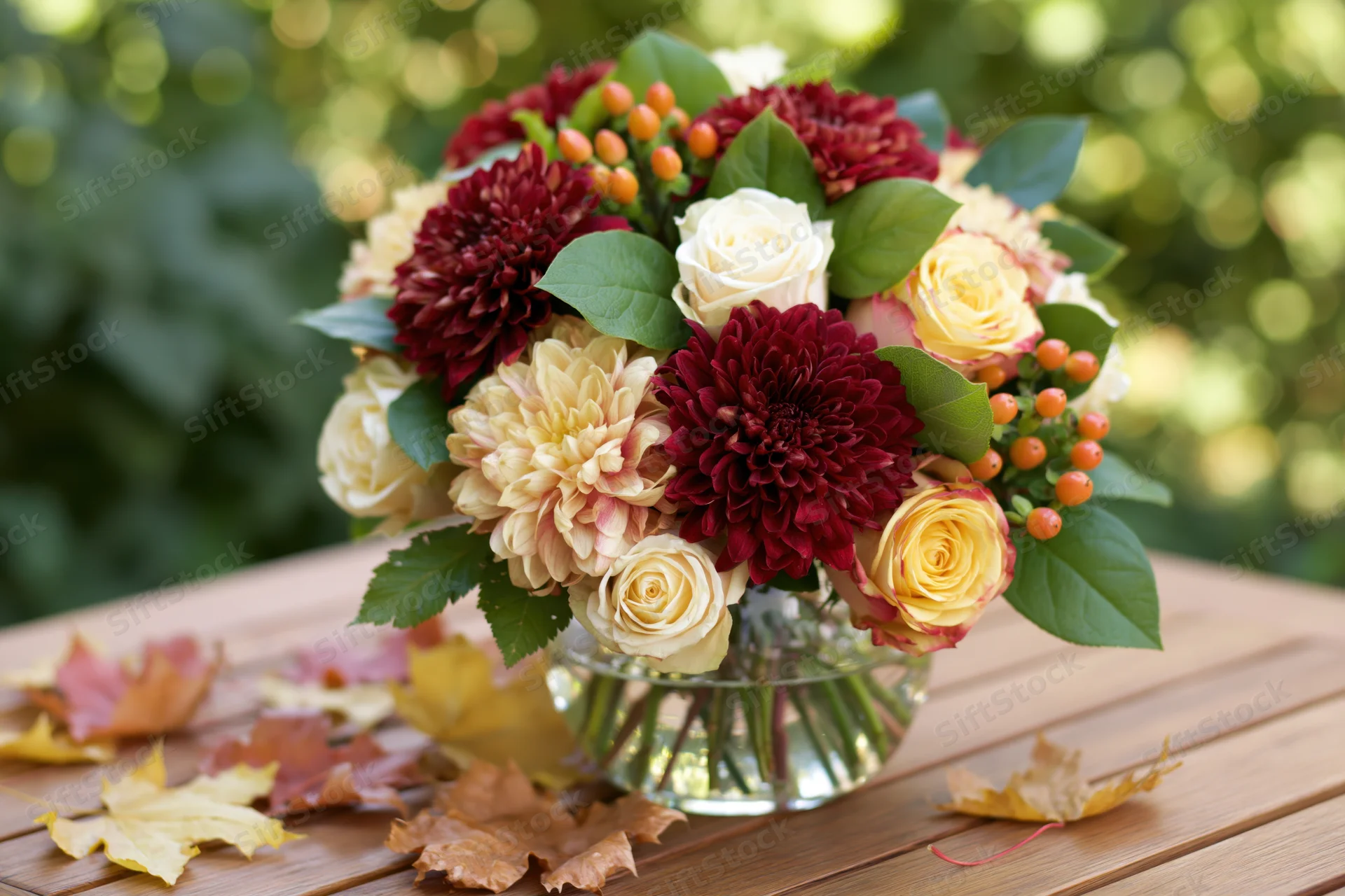 Autumn bouquet of dahlias and roses in a glass vase on a wooden table with fallen maple leaves