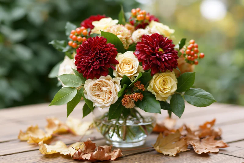 Autumn floral arrangement in a glass vase on a wooden table with fallen leaves