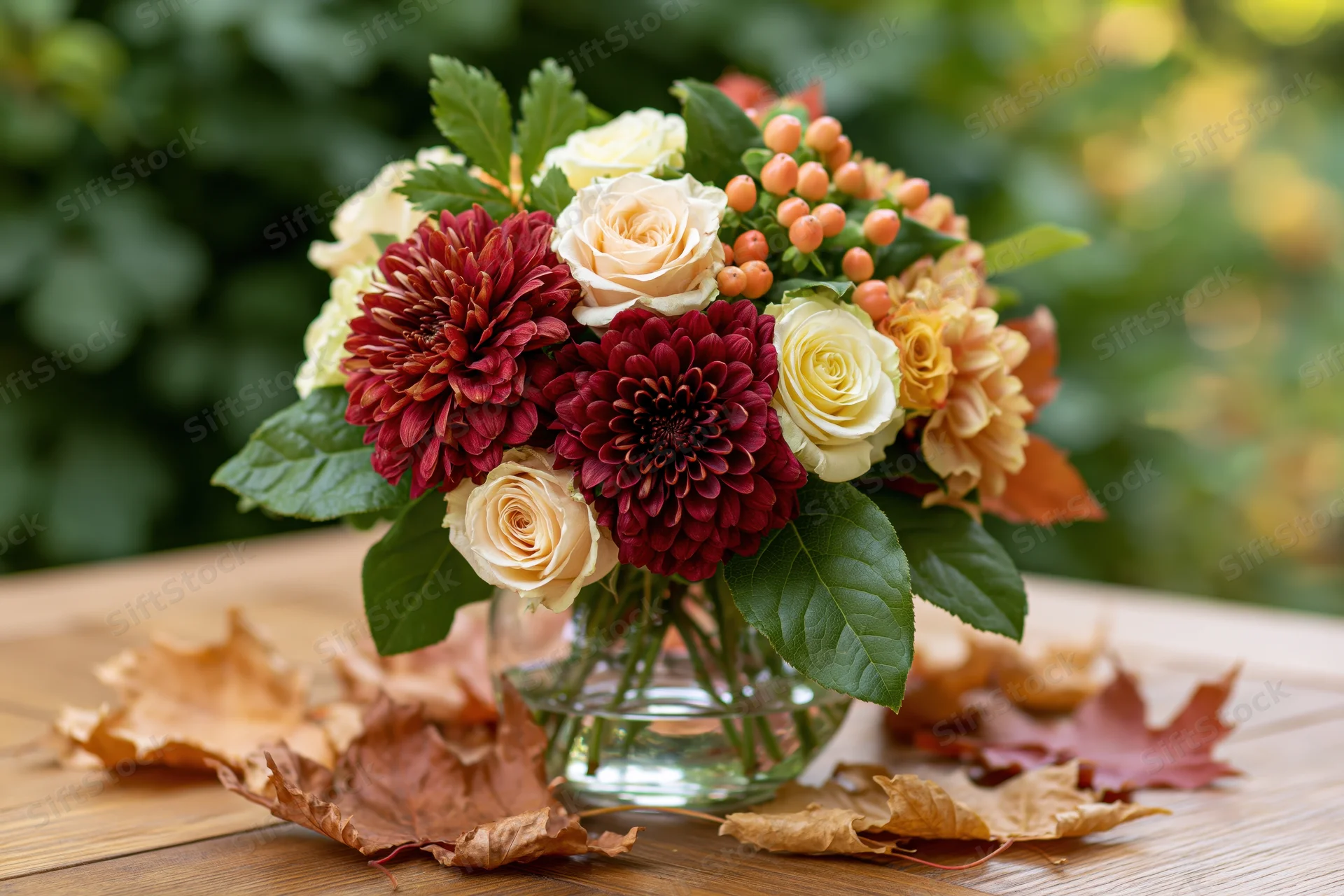 Autumn floral bouquet in glass vase on wooden table surrounded by fallen leaves