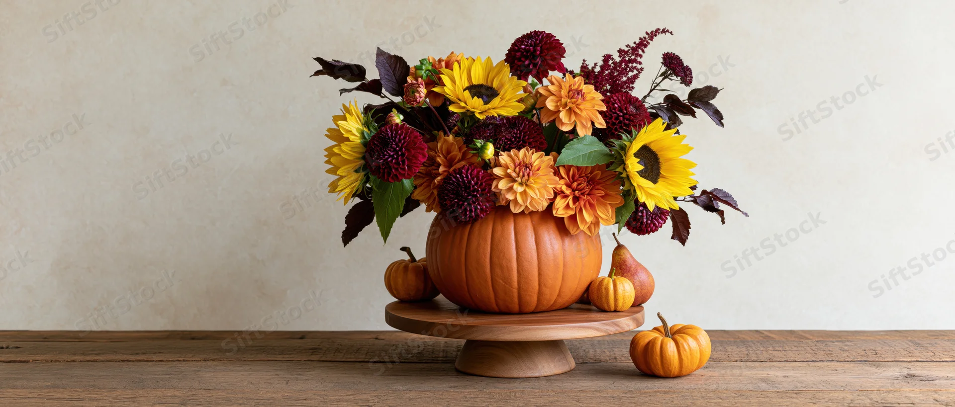 Autumn floral arrangement in a carved pumpkin vase on a wooden table