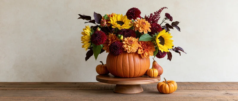 Autumn floral arrangement in a carved pumpkin vase on a wooden table