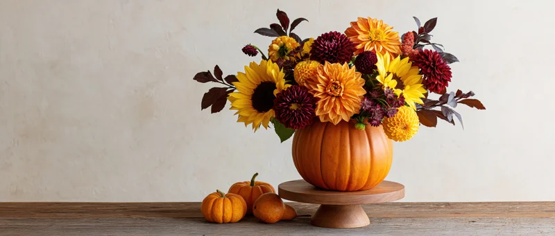 Autumn floral arrangement in a carved pumpkin vase on a wooden table with small pumpkins beside it