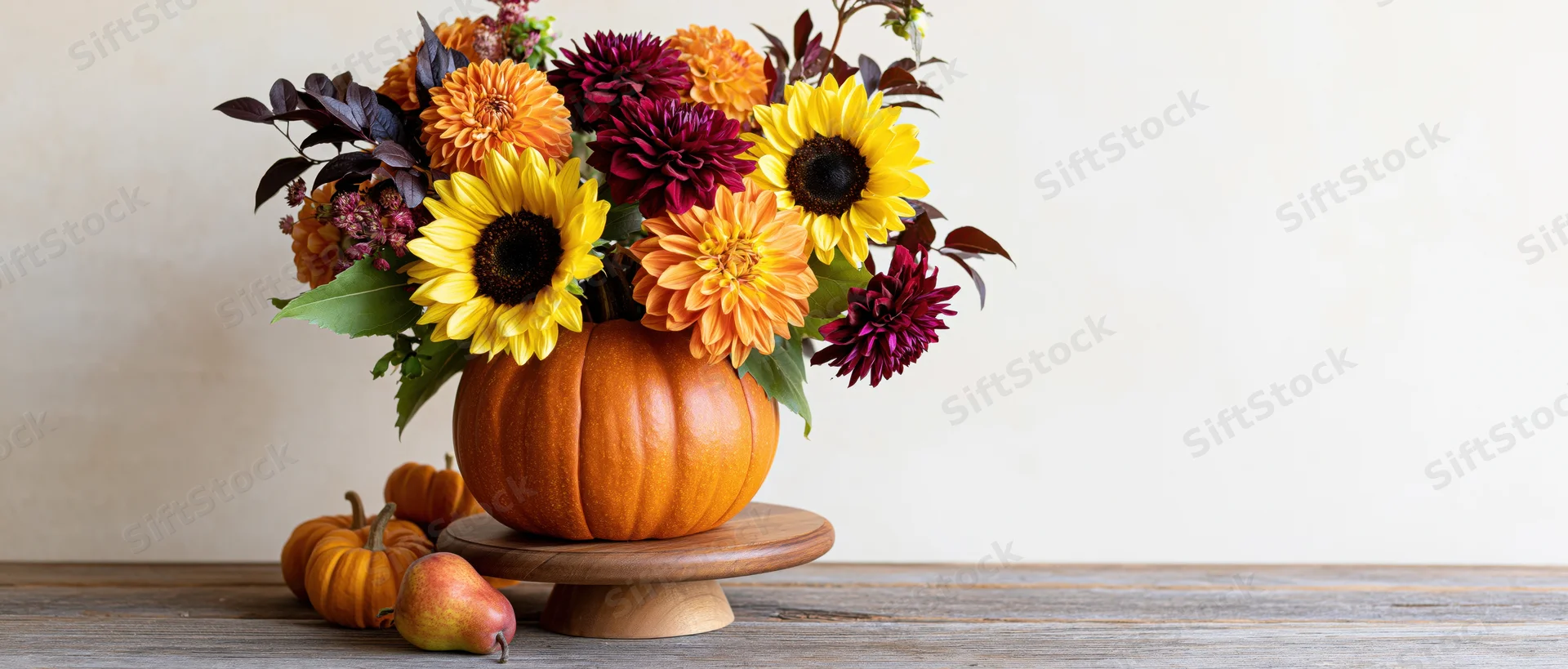 Autumn floral arrangement in a carved pumpkin vase on a wooden table with small pumpkins and a pear nearby