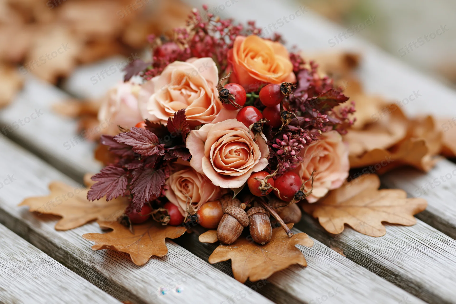 Autumn floral arrangement with roses, acorns and leaves on a weathered wooden bench