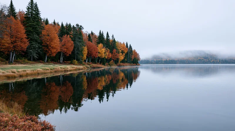 Autumn forest along calm lake shoreline with trees in peak fall colors reflecting in still water