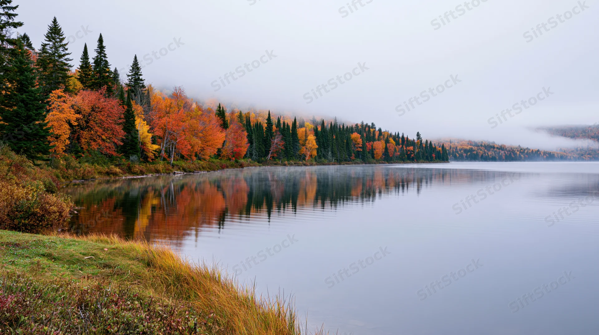Calm lake reflecting autumn forest along shoreline with misty hills in background