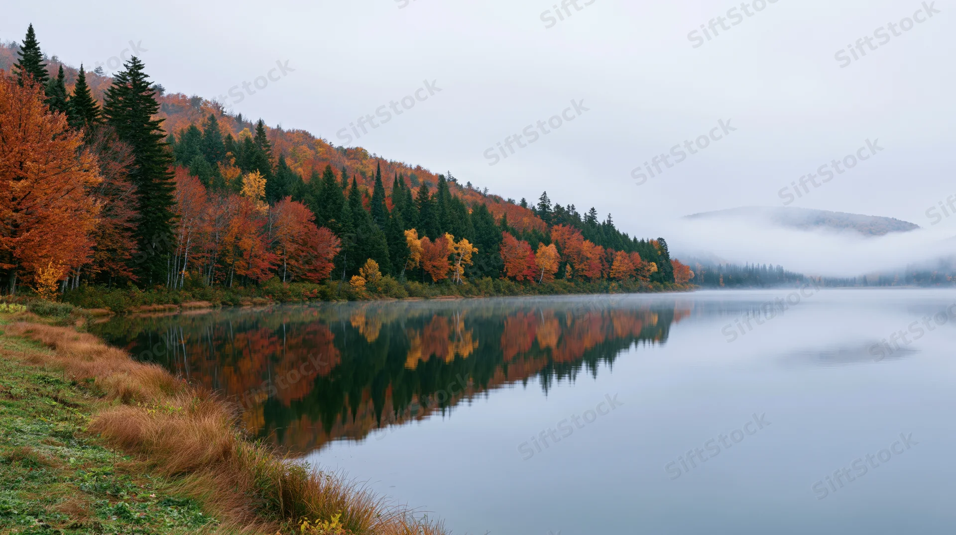 Autumn forest reflecting in calm lake shoreline with misty mountains in background