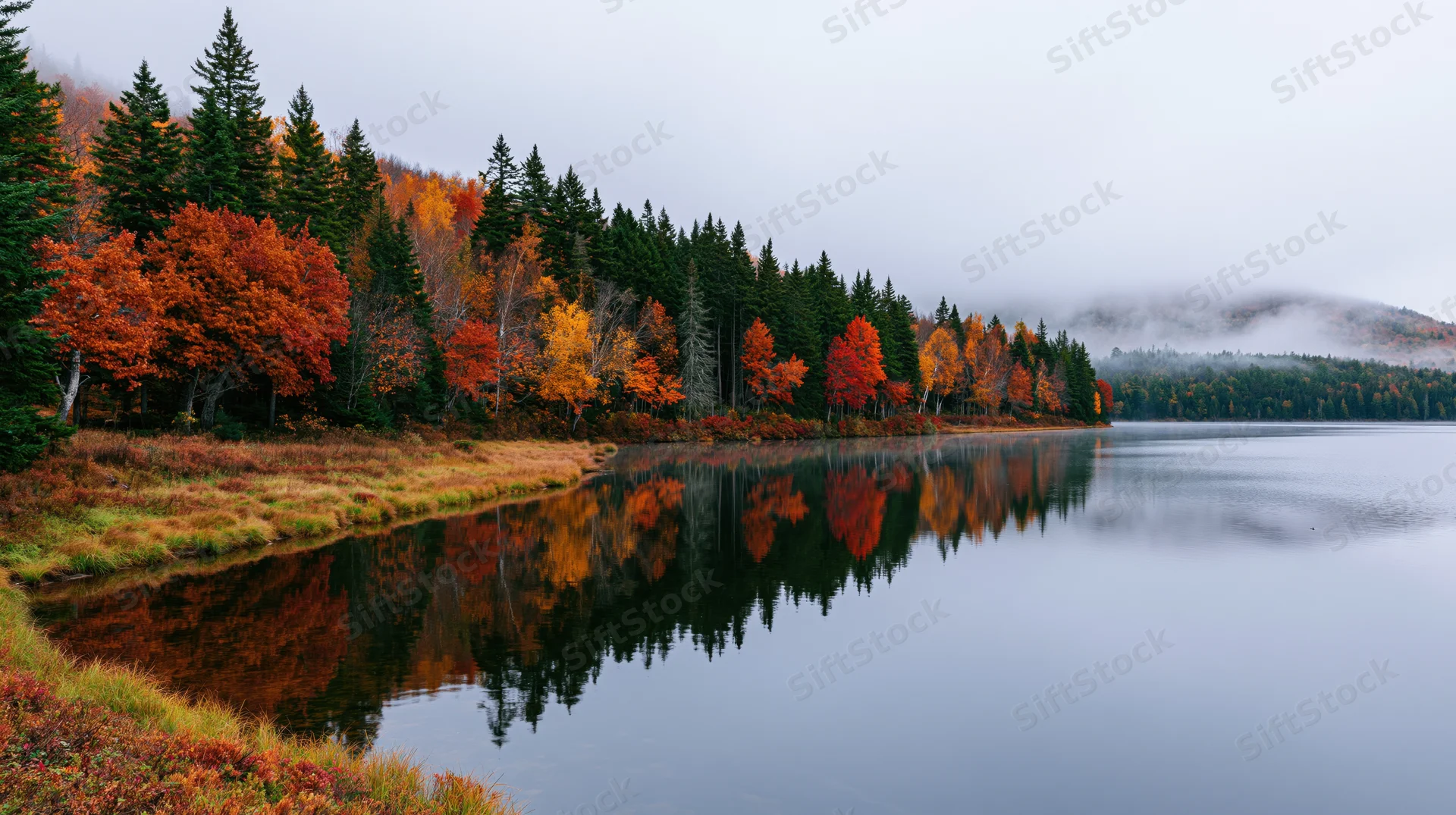 Autumn forest along calm lake shoreline with colorful trees reflected in still water