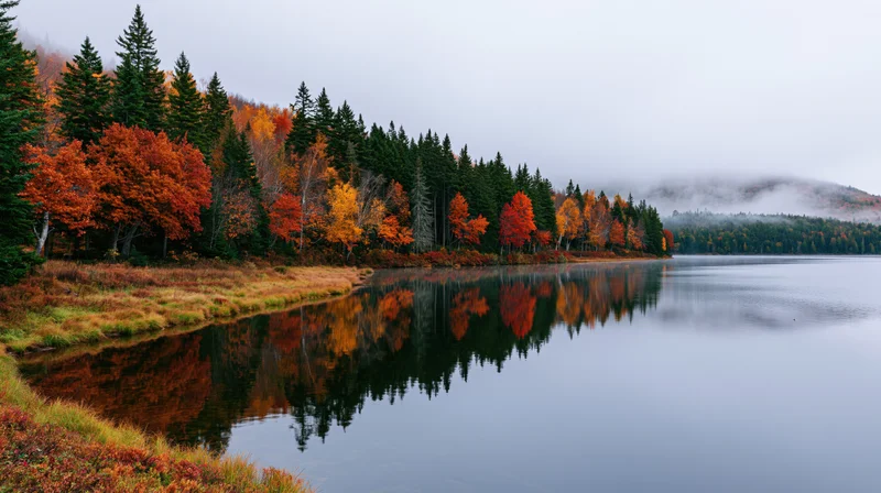 Autumn forest along calm lake shoreline with colorful trees reflected in still water