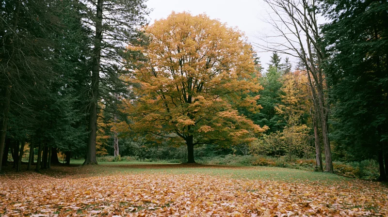 Maple tree with golden foliage in a forest clearing covered in fallen leaves