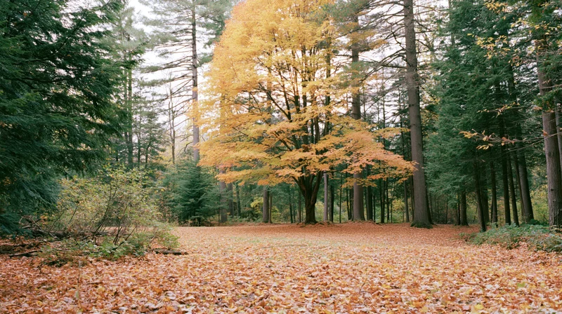 Autumn forest clearing with a single broad maple tree centered among evergreens, ground covered in fallen leaves