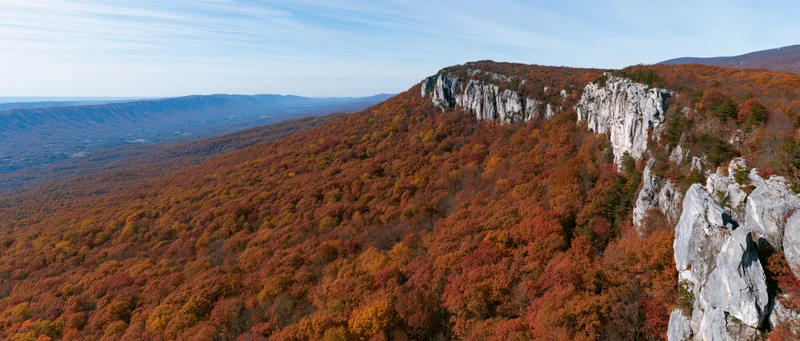 Autumn forest covering steep mountain slopes with rocky limestone cliffs under a blue sky