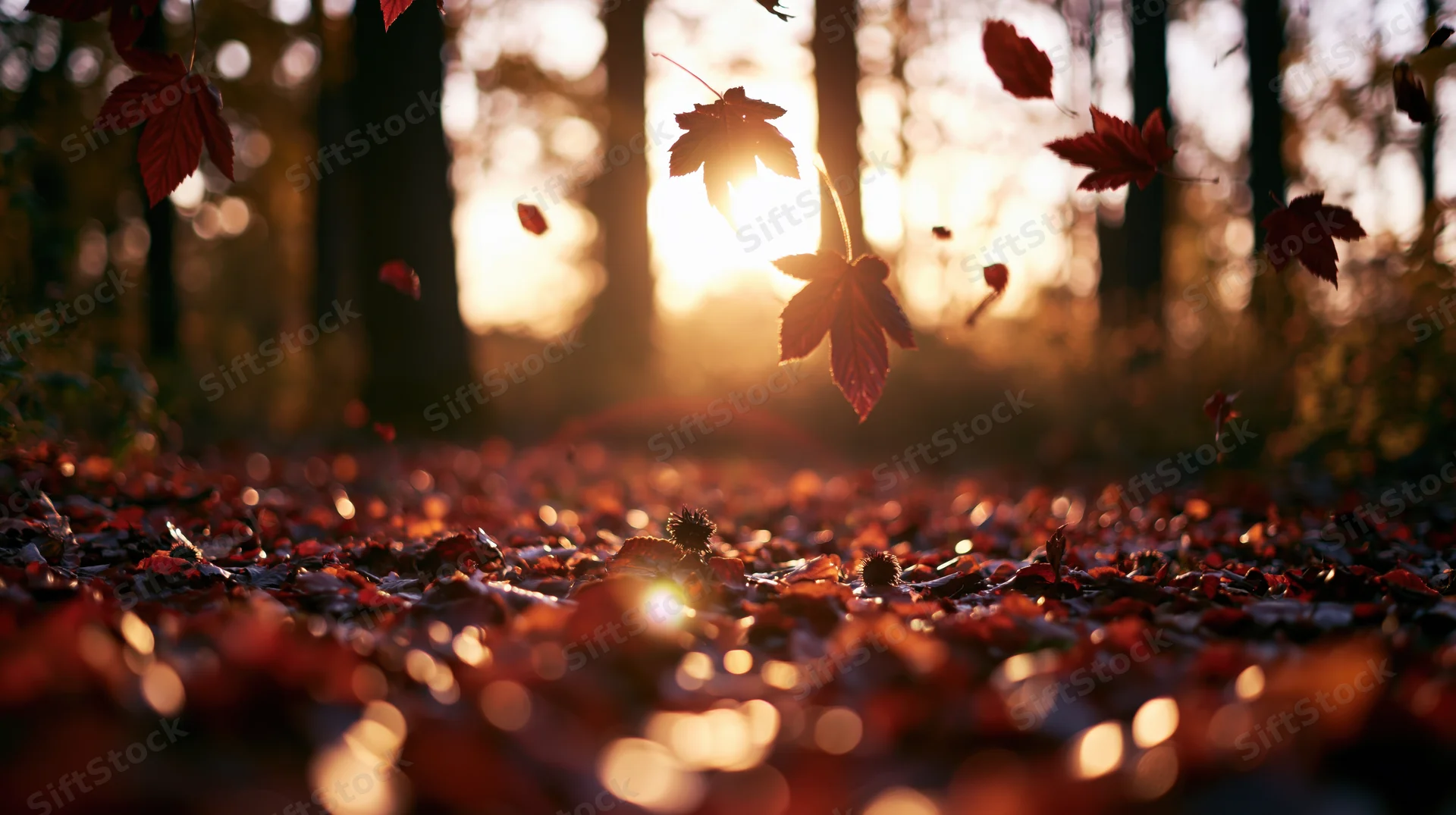 Falling maple leaves in autumn forest at sunset, illuminated by warm sunlight through tree silhouettes