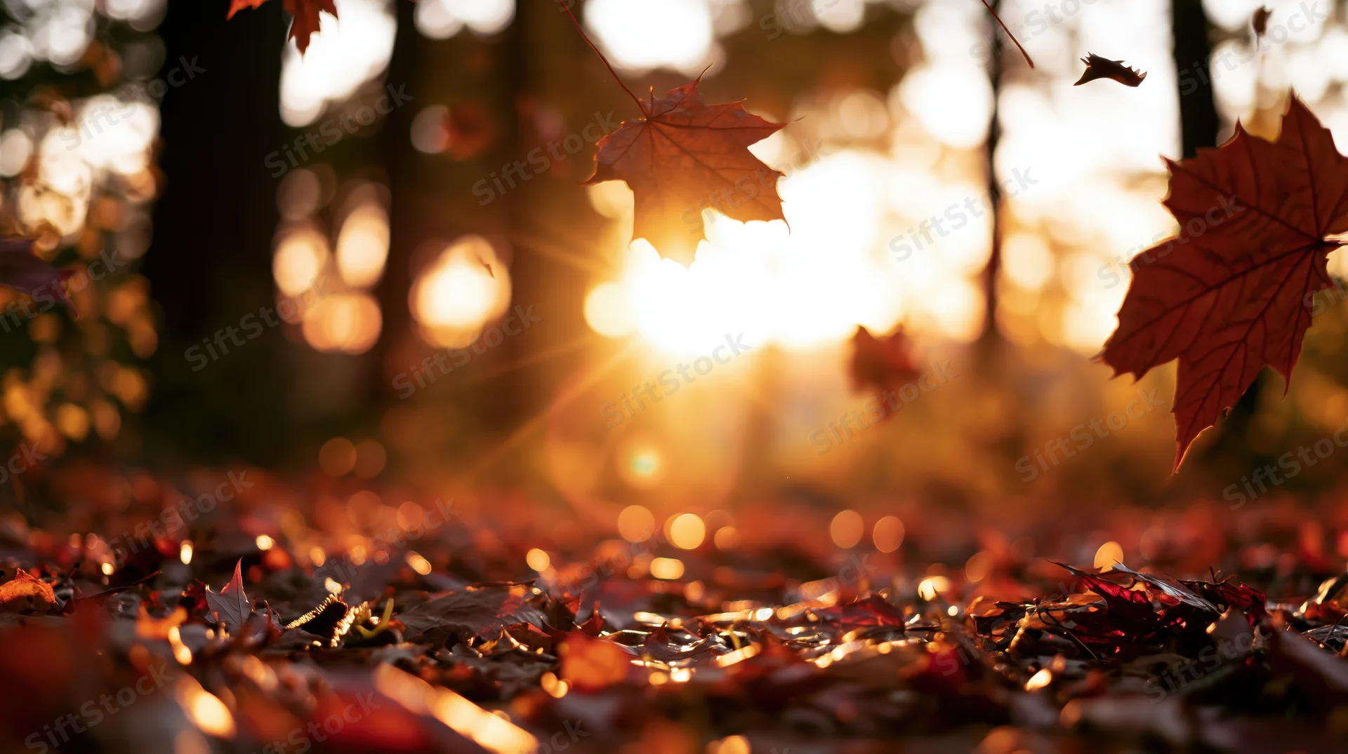 Falling leaves in a forest at sunset, illuminated by warm sunlight filtering through trees