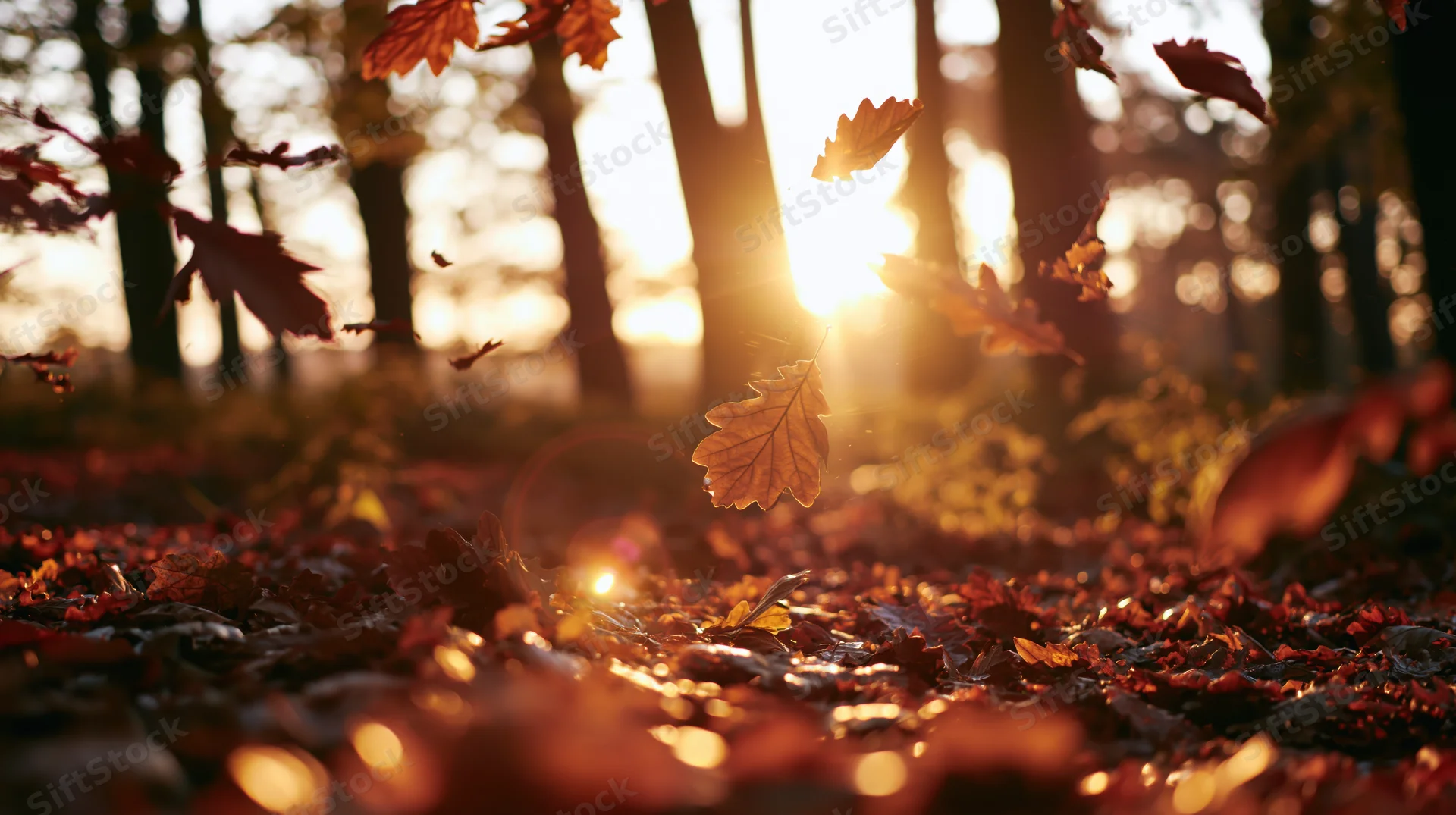 Falling leaves in a forest at sunset, illuminated by warm sunlight filtering through trees