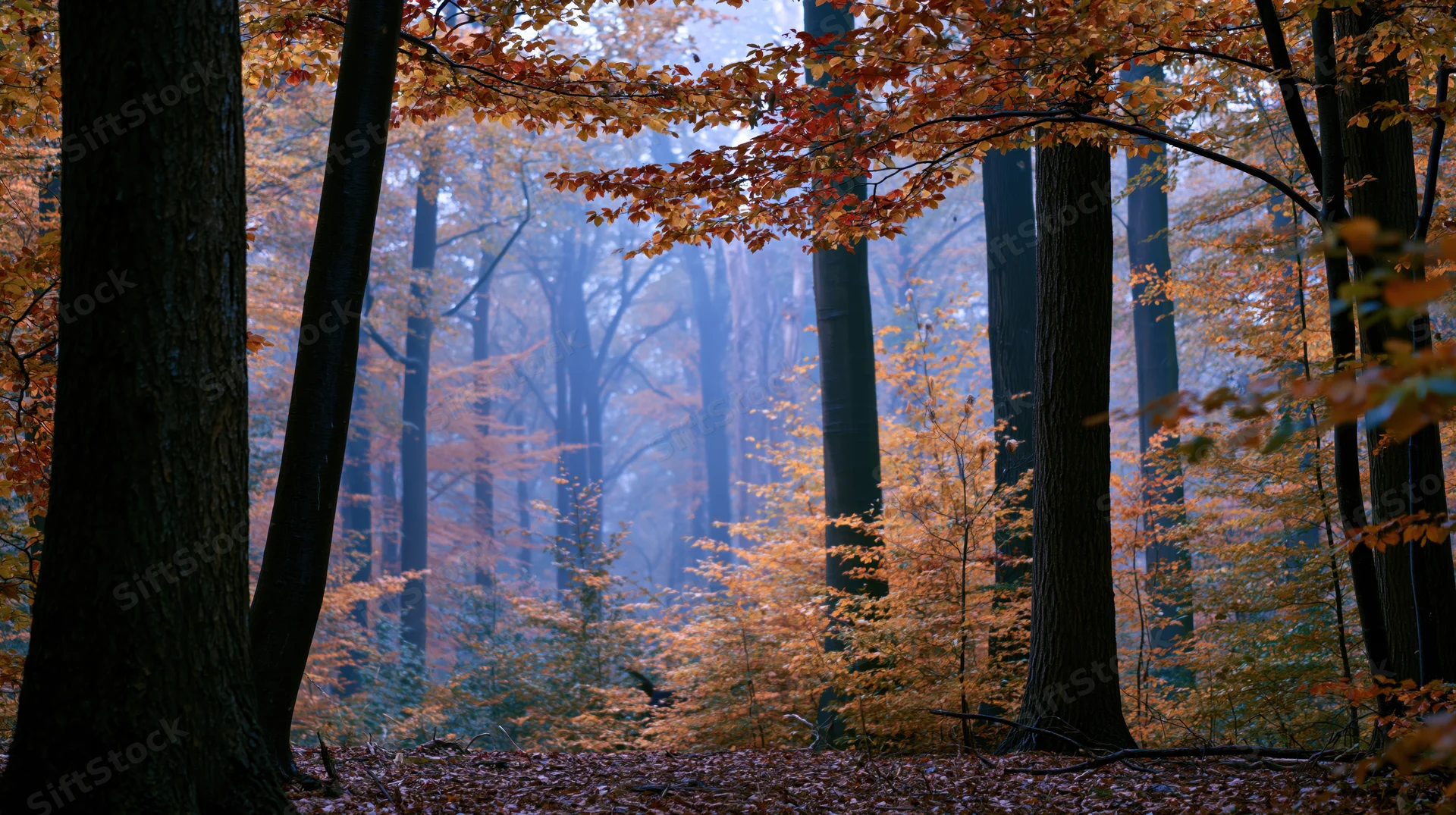 Autumn forest interior with dense deciduous trees and misty atmosphere