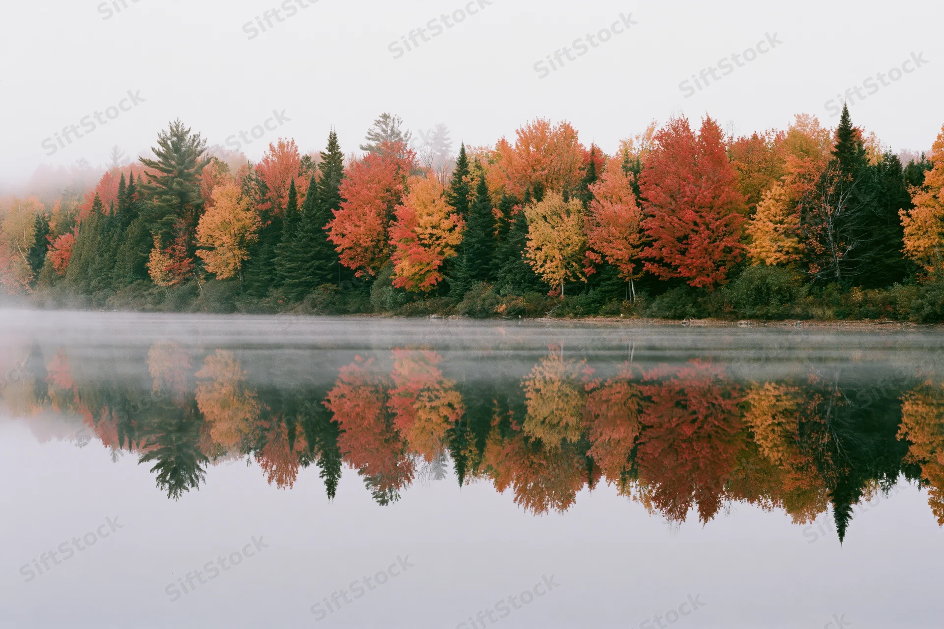 Autumn forest trees reflected in calm misty lake water