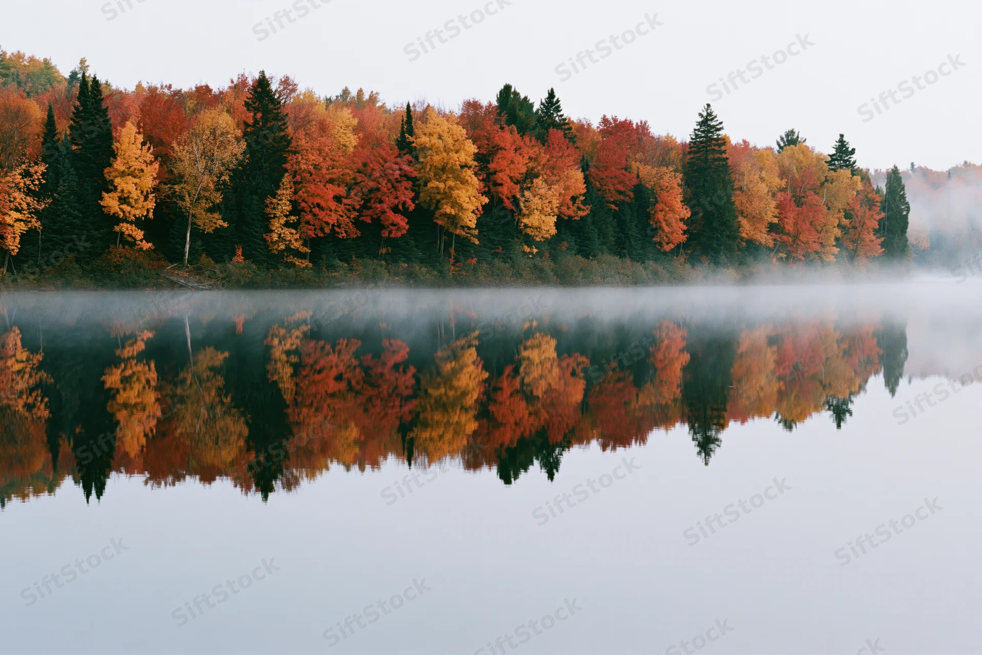 Autumn forest reflected in calm lake water with mist hovering above