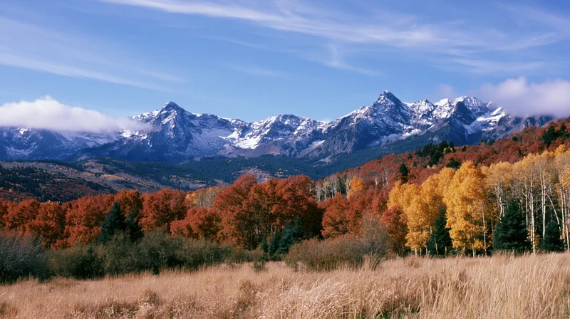 Autumn forest with colorful deciduous trees and snow-capped mountains in the background
