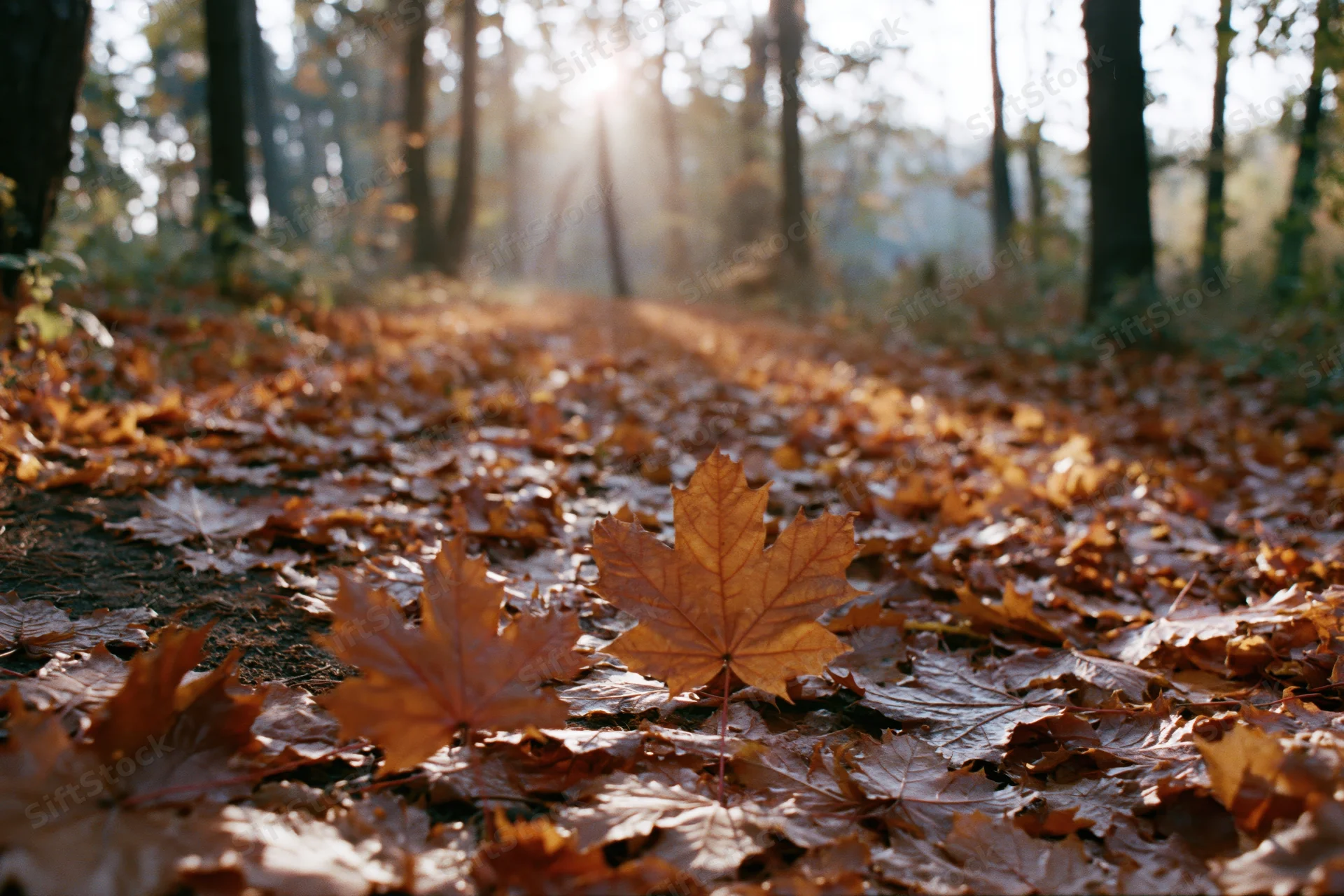 Autumn forest path covered in fallen maple leaves with sunlight filtering through trees