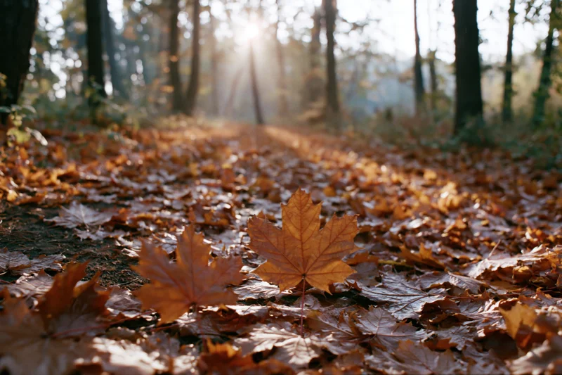 Autumn forest path carpeted in fallen maple leaves
