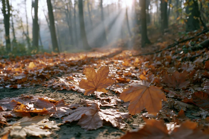 Autumn forest path covered in fallen maple leaves with sunlight filtering through trees