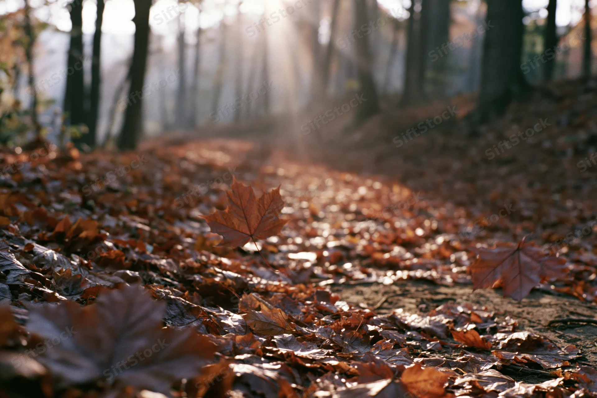 Autumn forest path covered in fallen maple leaves with sunlight filtering through trees