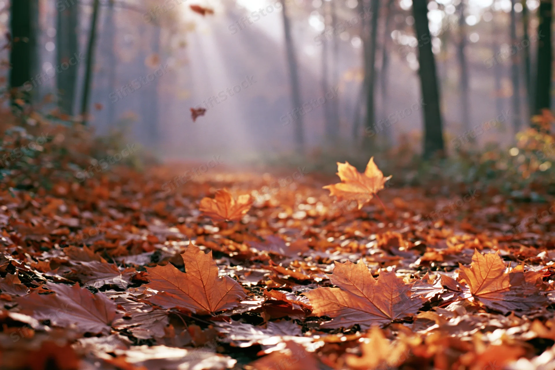 Autumn forest path covered in fallen maple leaves with sunlight filtering through trees
