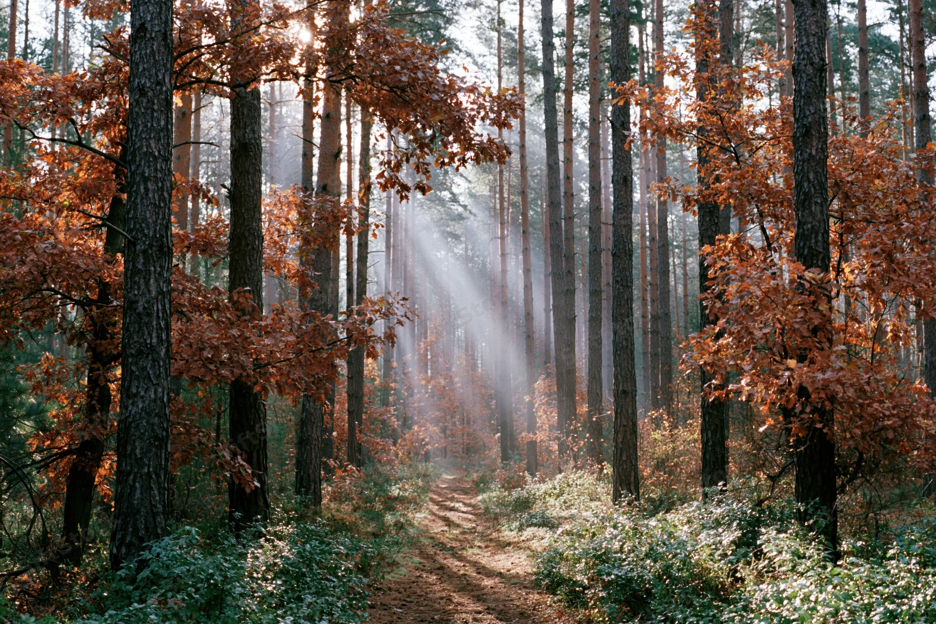 A forest path lined with tall pine trunks and oak trees in autumn, with sunlight filtering through the misty canopy