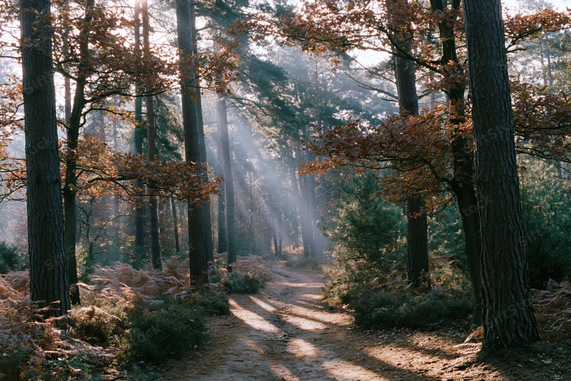 Dirt path winding through autumn forest with tall pine trees and dappled sunlight filtering through misty canopy