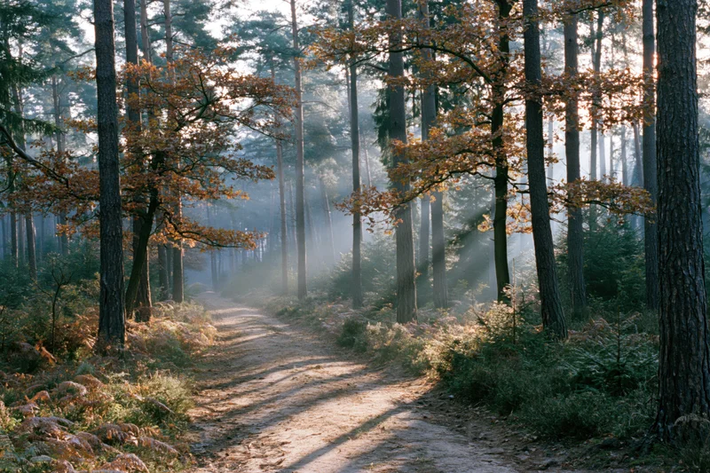 Dirt path winding through misty autumn forest with tall pine trees and dappled sunlight