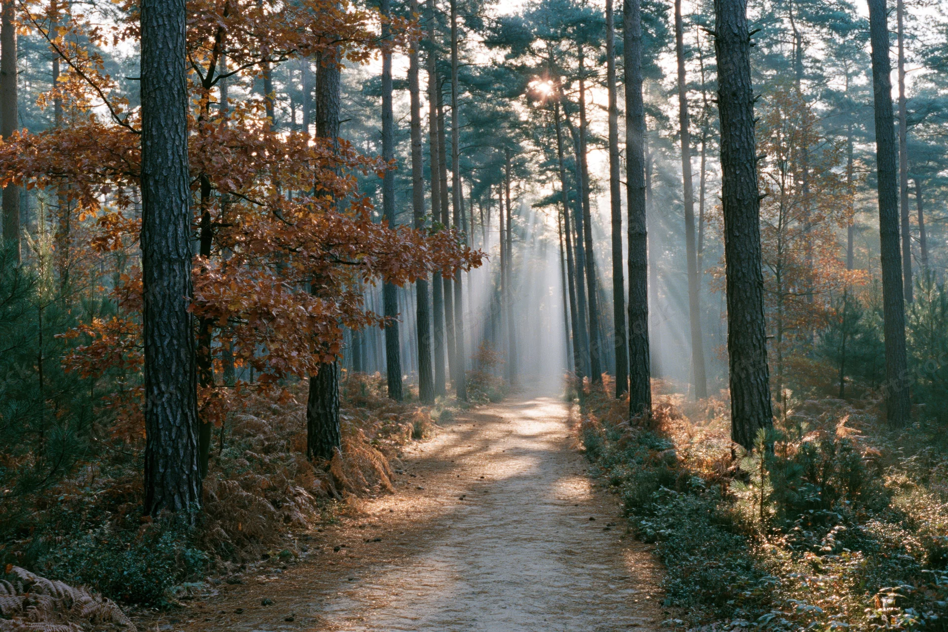 Sunlit path through autumn forest with tall pine trees and misty light beams