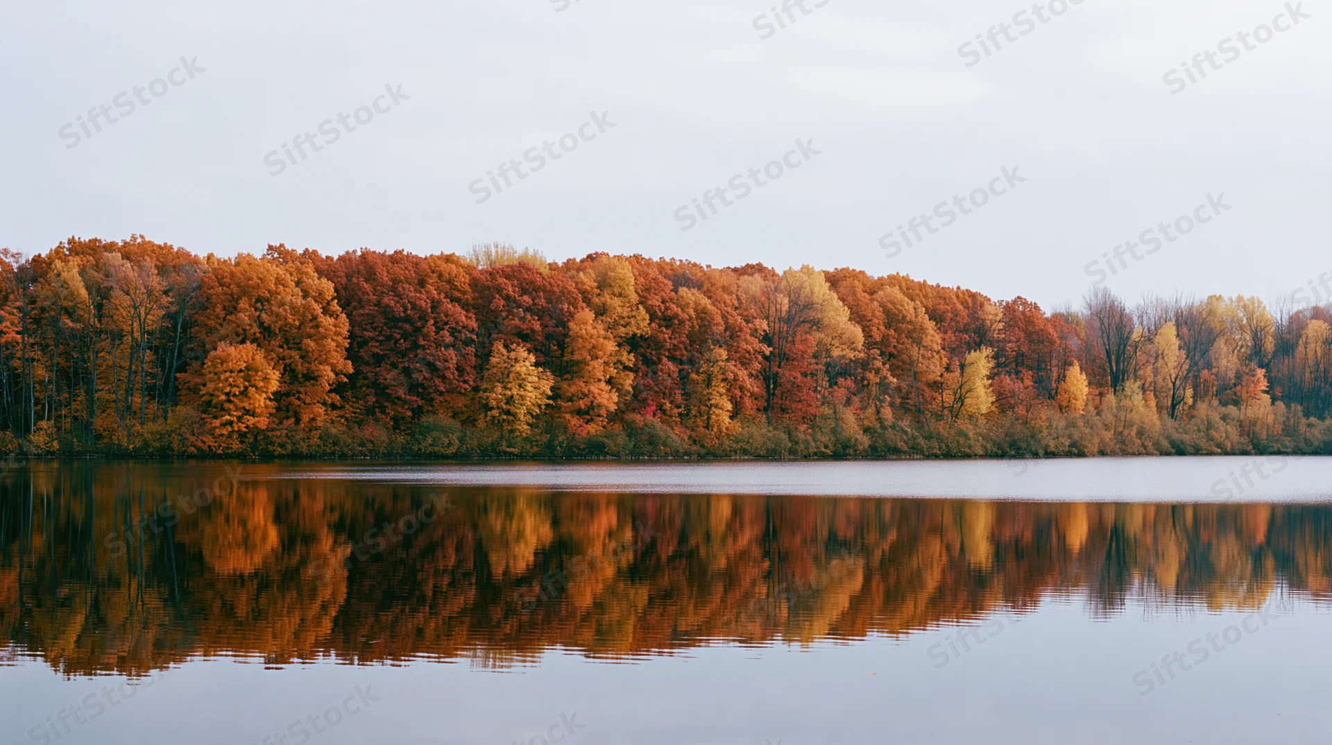 Autumn forest treeline reflected in calm lake water along shoreline