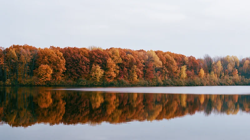 Autumn forest treeline reflected in calm lake water along shoreline
