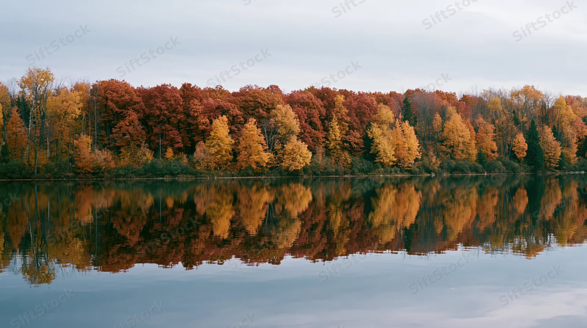 Autumn forest treeline reflected in calm lake water along shoreline