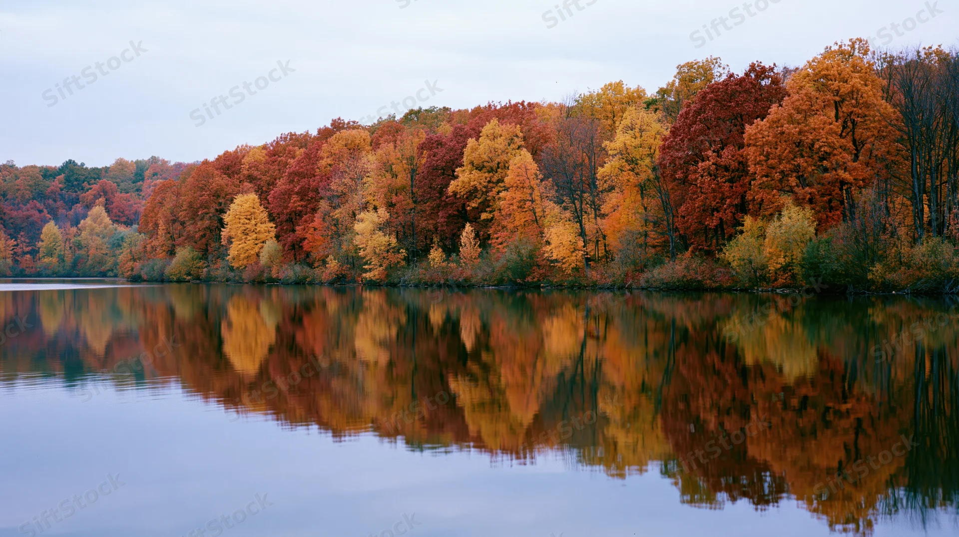Autumn forest treeline reflected in calm lake water along shoreline