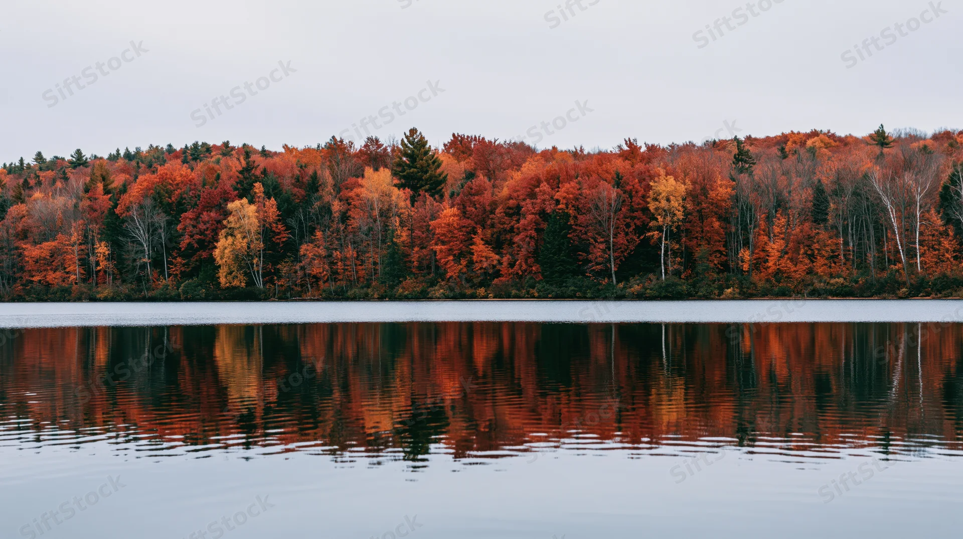 Autumn forest treeline reflected in calm lake water
