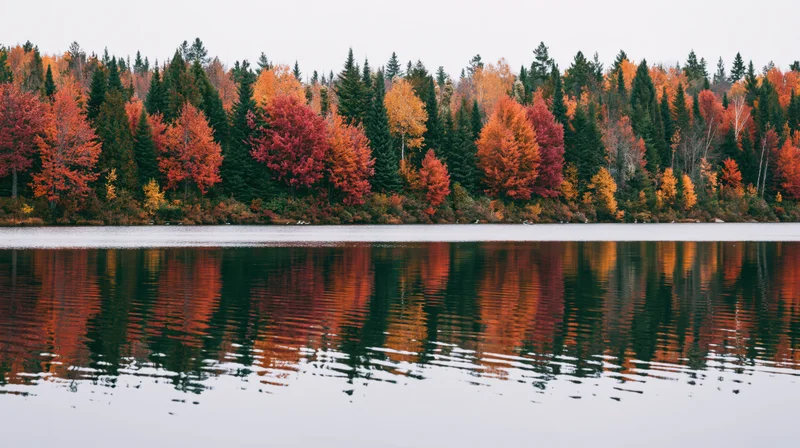 Autumn forest treeline reflected in calm lake water